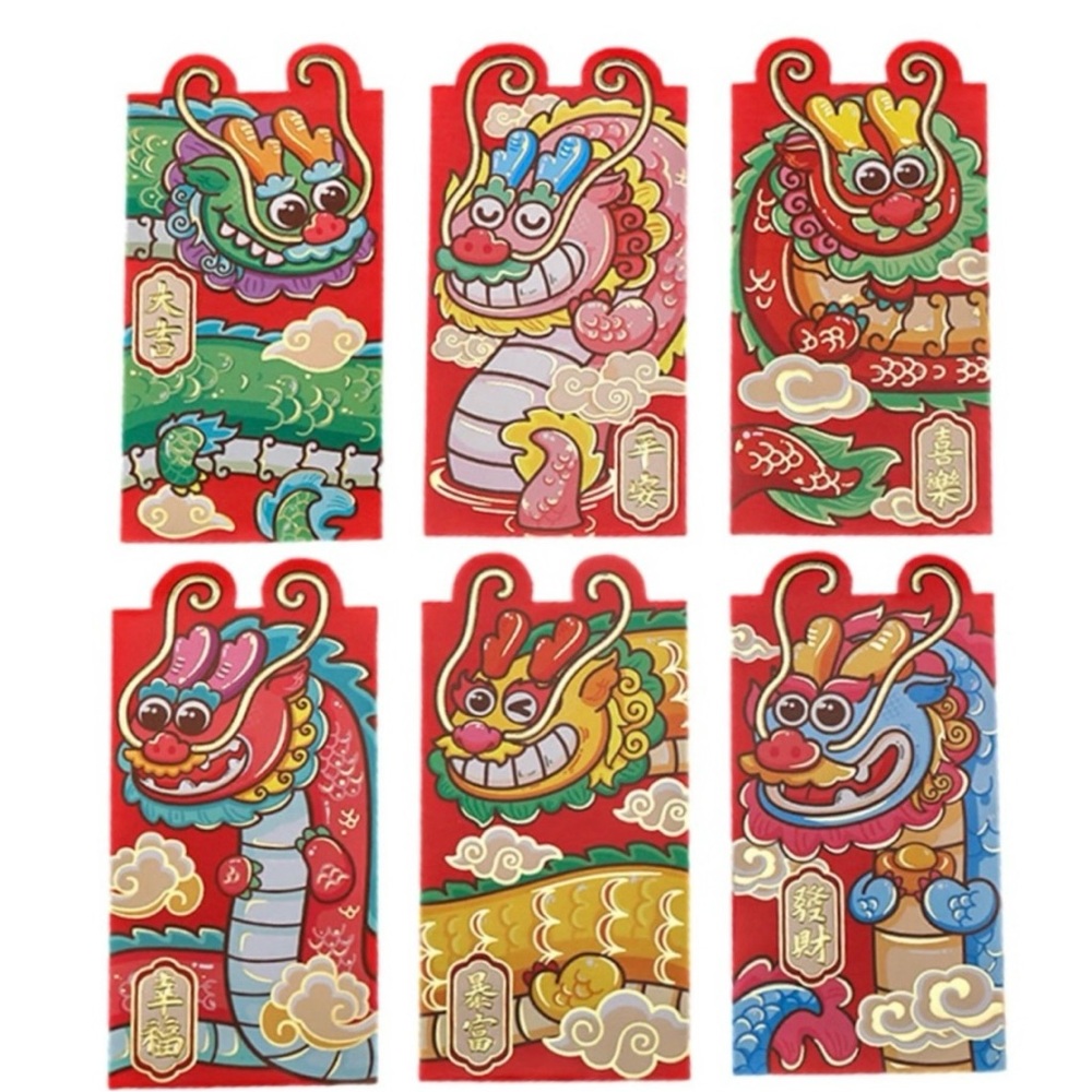 NEW LUCKY MONEY Set 6 Good Luck  Dragon Envelopes, Chinese Designs, 7.28x3.54in